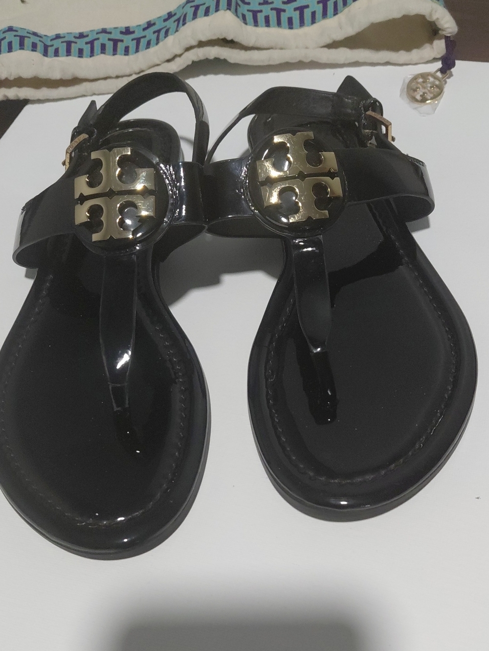 Tory Burch Black Patent Leather Logo Thong Sandals with Gold Emblem